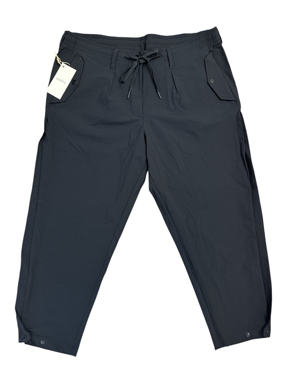 PASKHO XL Sanctuary Pleated Cropped Stretch Tech Drawstring Travel Pants, Black